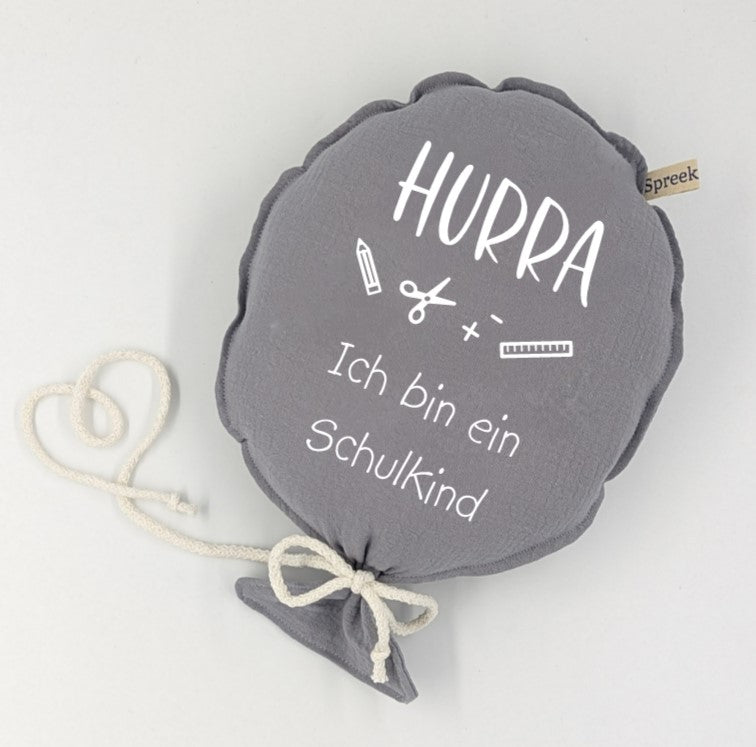 Stoffballon, Hurra ich bin ein Schulkind + Lineal, Wunschfarbe + Text personalisierbar