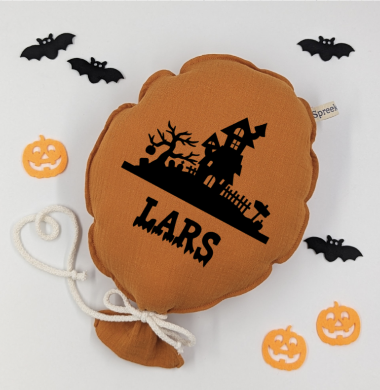 Stoffballon, HALLOWEEN, Gruselhaus + Name, orange, personalisierbar
